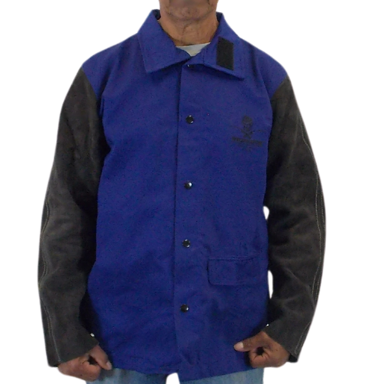 Cotton Welding Jacket with Leather Sleeves - Blue Gray