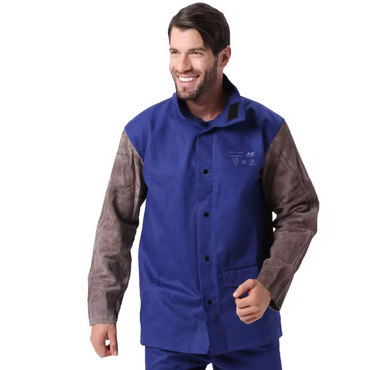 Cotton Welding Jacket with Leather Sleeves - Blue Gray